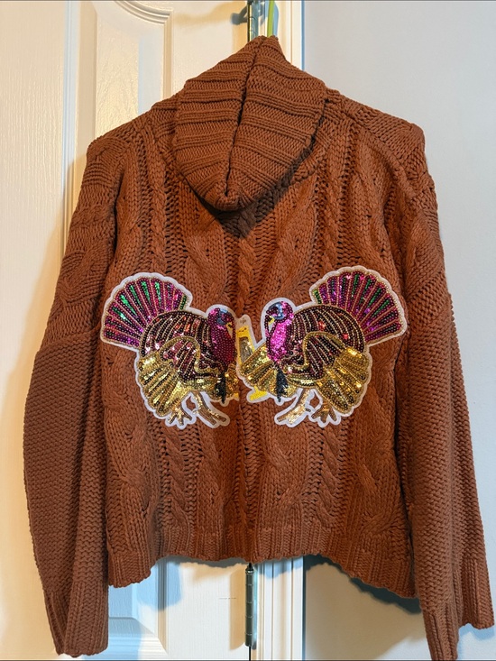 Judith March Sweaters - Judith March Brown Cable Knit Hoodie with Sequined Turkey Motif